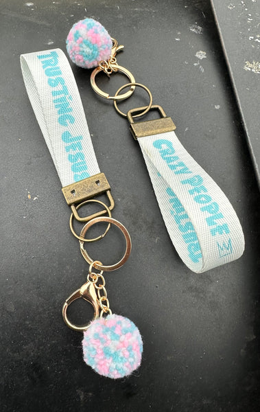 Crazy People Trusting Jesus Keychain with Pom - White & Teal