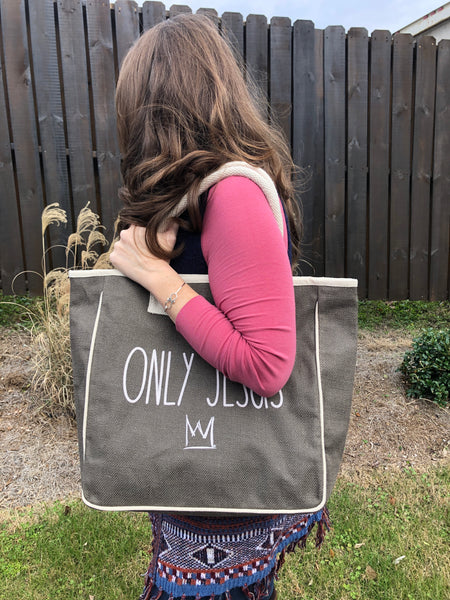 Brown ONLY JESUS Jute Canvas Tote